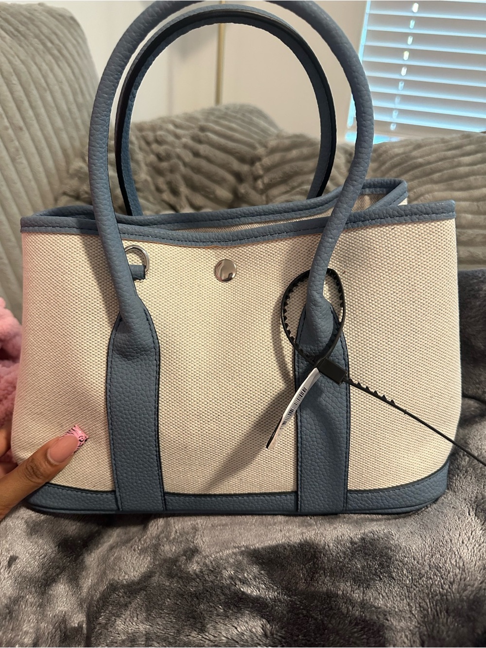 Canvas Tote Handbag with Blue Trim